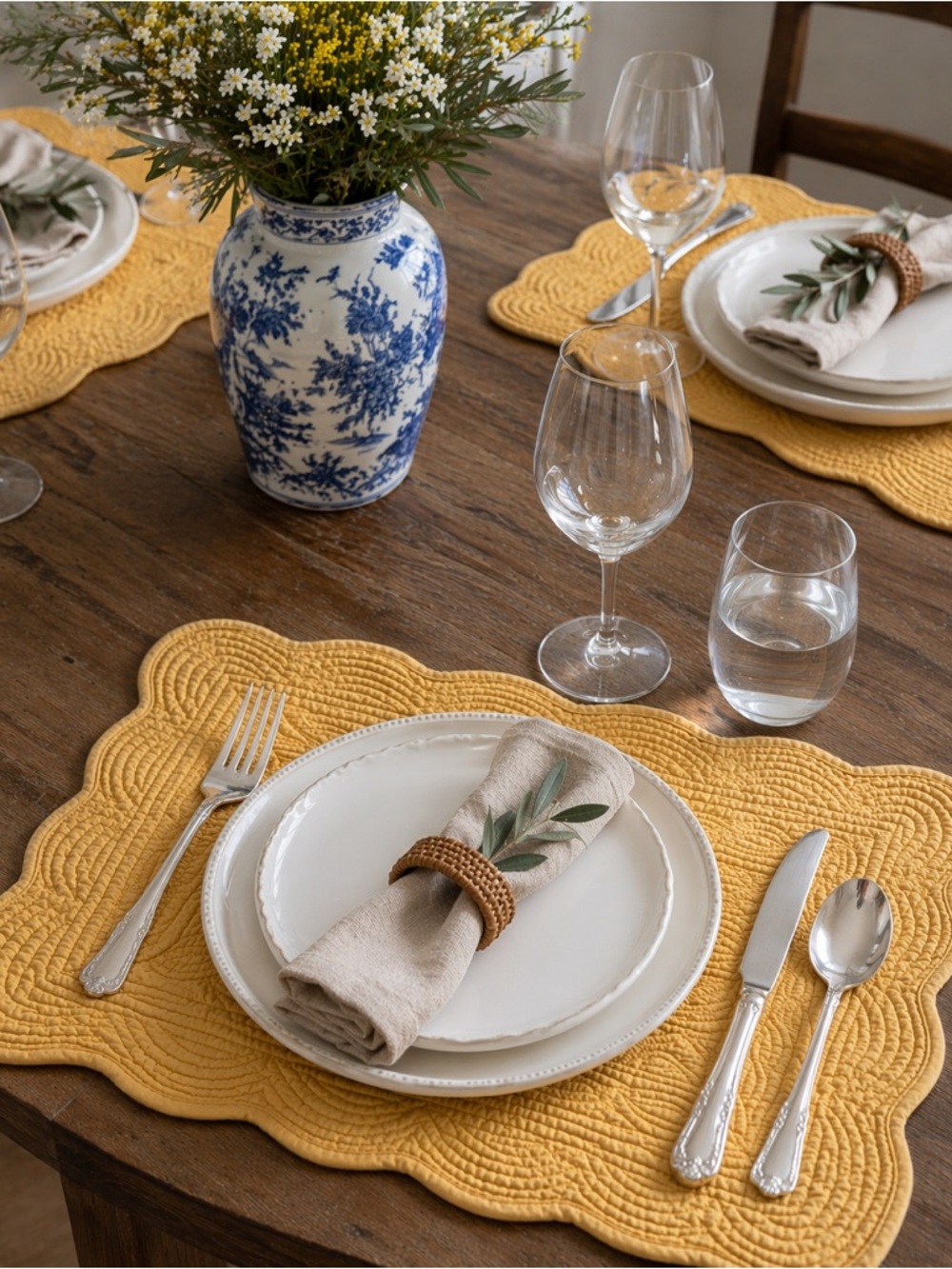 Amelie Michel Quilted Placemats Set of 8 Sunny Mustard Yellow Scalloped Cotton